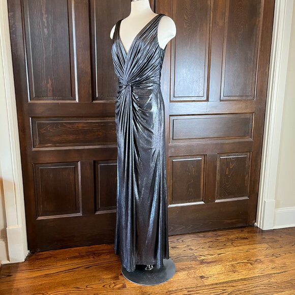Tadashi Collection Evening Dress L Twist Front Sleeveless Long Metallic Jersey - Picture 6 of 13
